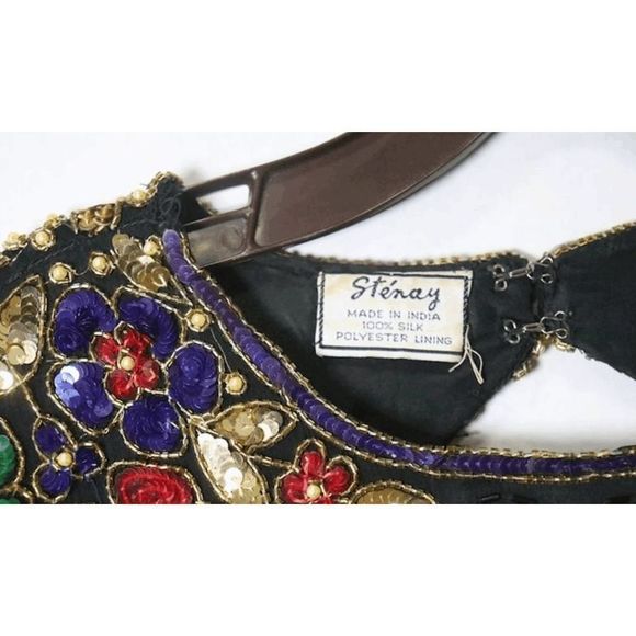 STENAY 🐾 Vintage Silk Bead Sequin Pearls Dress Black Floral Leaf Gold Metallic - Picture 2 of 6